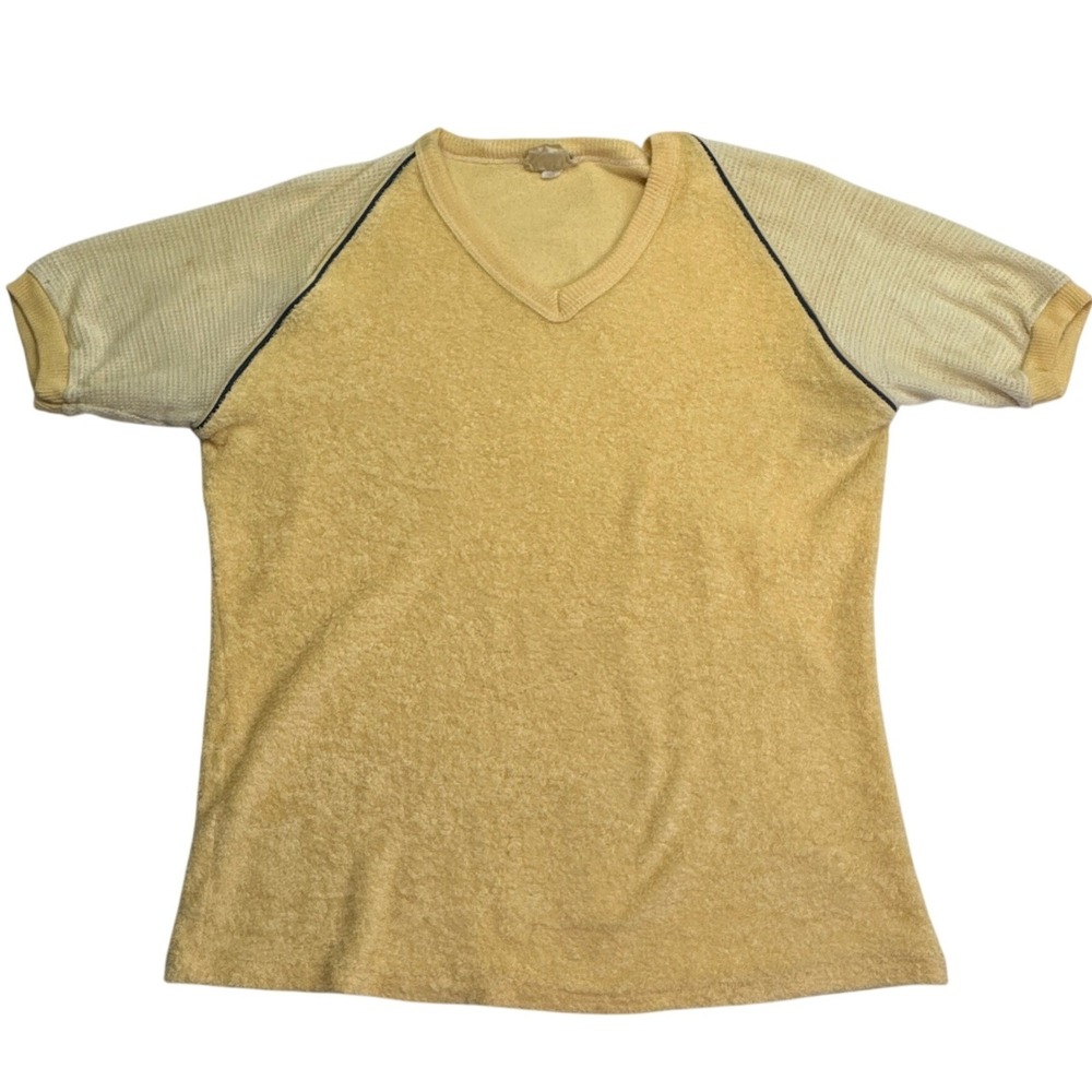 Pro Shop V-Neck Terry Cloth Shirt Yellow Mesh Raglan Sleeve Vintage Sportswear